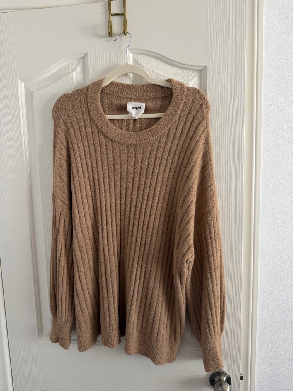 aerie Ribbed Crewneck Sweater in Camel Brown